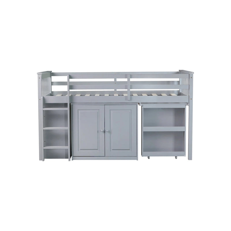 Twin Loft Bed with Pull-Out Desk, 2 Cabinets, 4 Drawers & Shelves