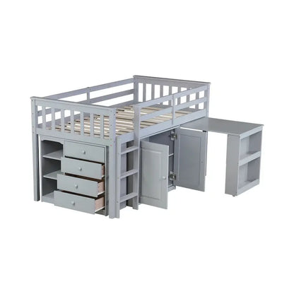 Twin Loft Bed with Pull-Out Desk, 2 Cabinets, 4 Drawers & Shelves