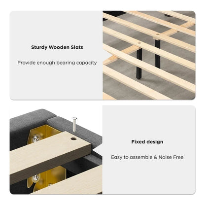 Queen Platform Bed with Upholstered Storage Headboard & Under-Bed Storage