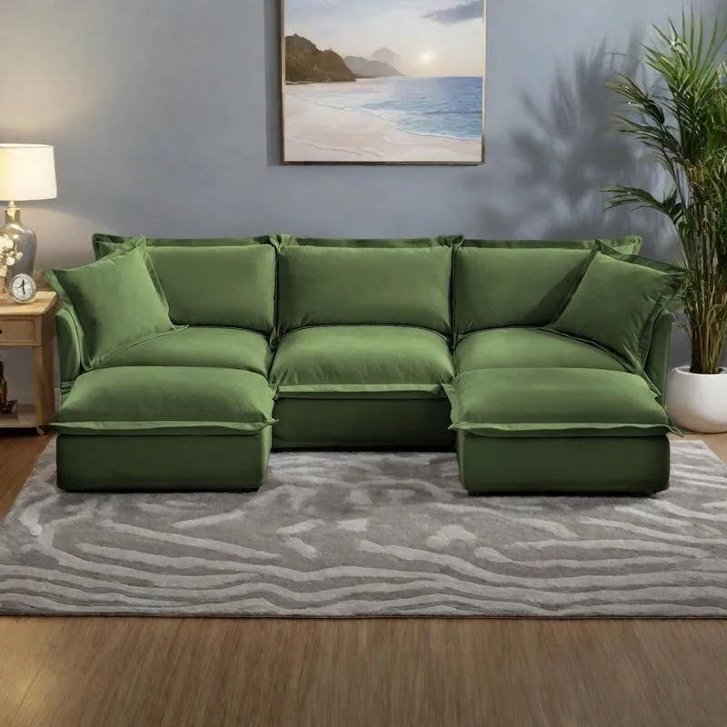 120 U-Shaped Chenille Sectional Sofa with 3-Seater and French Edge Pillows & Cloud Cushions