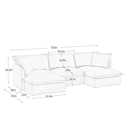 120 U-Shaped Chenille Sectional Sofa with 3-Seater and French Edge Pillows & Cloud Cushions
