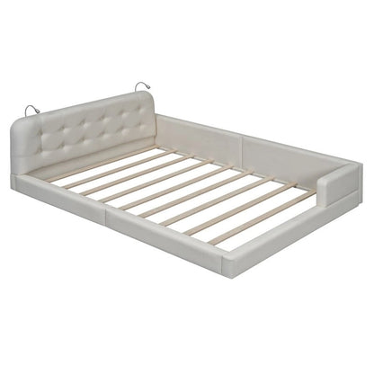 Queen Size Upholstered Bed Frame with 2 Reading Lights, PU Leather Platform Bed with Button Tufted Headboard for Bedroom