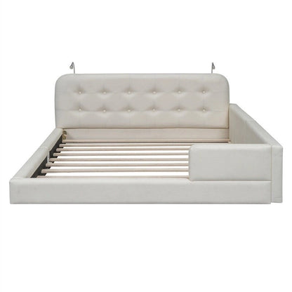 Queen Size Upholstered Bed Frame with 2 Reading Lights, PU Leather Platform Bed with Button Tufted Headboard for Bedroom