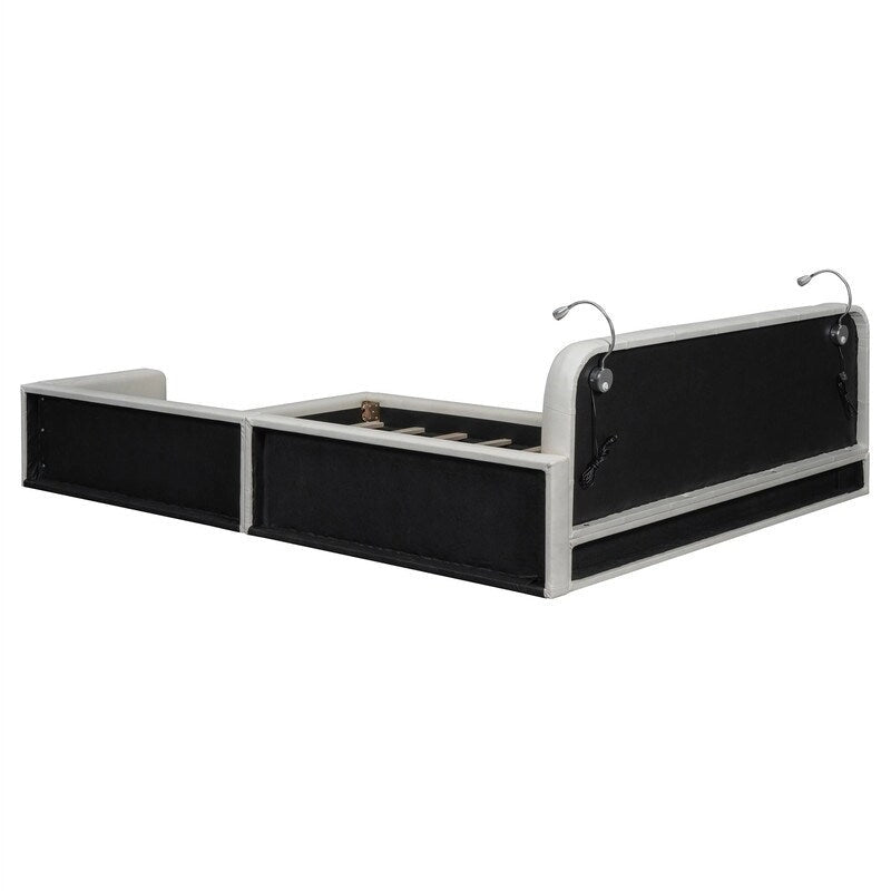 Queen Size Upholstered Bed Frame with 2 Reading Lights, PU Leather Platform Bed with Button Tufted Headboard for Bedroom