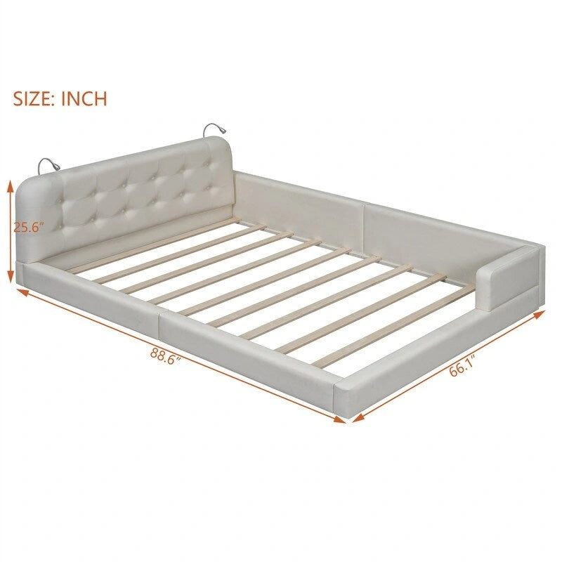 Queen Size Upholstered Bed Frame with 2 Reading Lights, PU Leather Platform Bed with Button Tufted Headboard for Bedroom