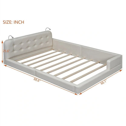 Queen Size Upholstered Bed Frame with 2 Reading Lights, PU Leather Platform Bed with Button Tufted Headboard for Bedroom