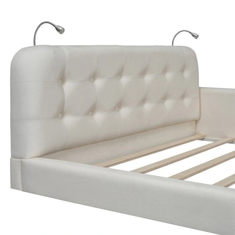 Queen Size Upholstered Bed Frame with 2 Reading Lights, PU Leather Platform Bed with Button Tufted Headboard for Bedroom