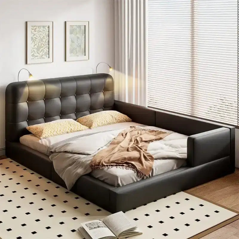 Queen Size Upholstered Bed Frame with 2 Reading Lights, PU Leather Platform Bed with Button Tufted Headboard for Bedroom