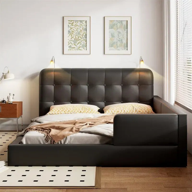 Queen Size Upholstered Bed Frame with 2 Reading Lights, PU Leather Platform Bed with Button Tufted Headboard for Bedroom