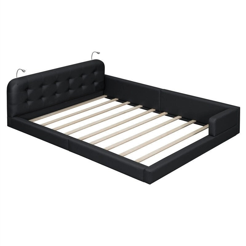 Queen Size Upholstered Bed Frame with 2 Reading Lights, PU Leather Platform Bed with Button Tufted Headboard for Bedroom