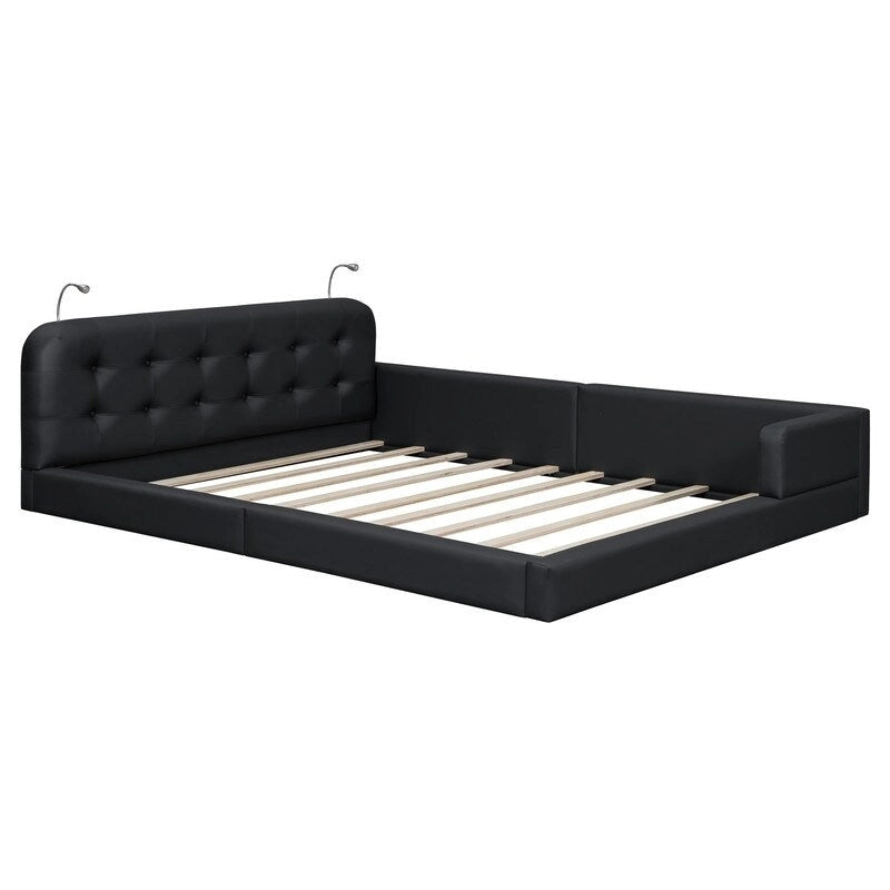 Queen Size Upholstered Bed Frame with 2 Reading Lights, PU Leather Platform Bed with Button Tufted Headboard for Bedroom