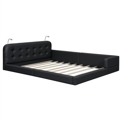 Queen Size Upholstered Bed Frame with 2 Reading Lights, PU Leather Platform Bed with Button Tufted Headboard for Bedroom