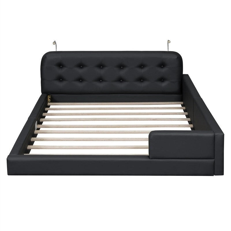 Queen Size Upholstered Bed Frame with 2 Reading Lights, PU Leather Platform Bed with Button Tufted Headboard for Bedroom