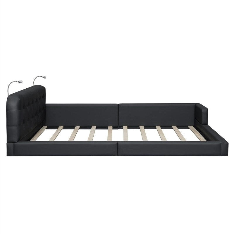 Queen Size Upholstered Bed Frame with 2 Reading Lights, PU Leather Platform Bed with Button Tufted Headboard for Bedroom