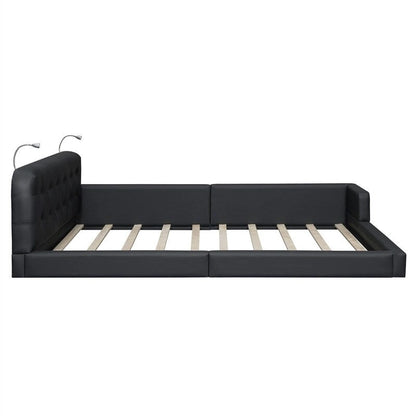 Queen Size Upholstered Bed Frame with 2 Reading Lights, PU Leather Platform Bed with Button Tufted Headboard for Bedroom