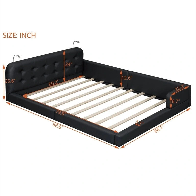 Queen Size Upholstered Bed Frame with 2 Reading Lights, PU Leather Platform Bed with Button Tufted Headboard for Bedroom