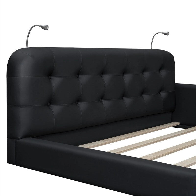 Queen Size Upholstered Bed Frame with 2 Reading Lights, PU Leather Platform Bed with Button Tufted Headboard for Bedroom