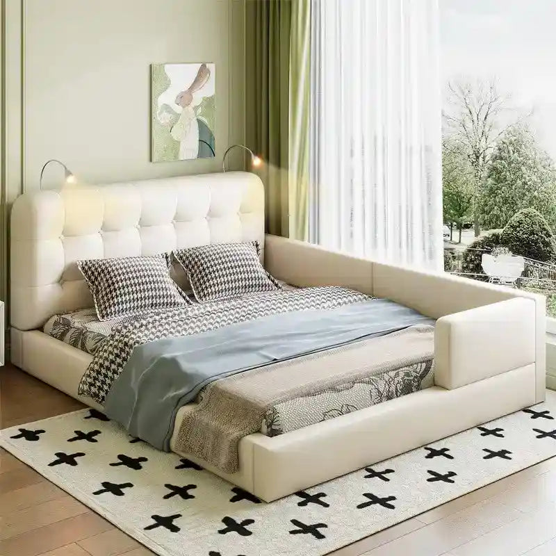 Queen Size Upholstered Bed Frame with 2 Reading Lights, PU Leather Platform Bed with Button Tufted Headboard for Bedroom