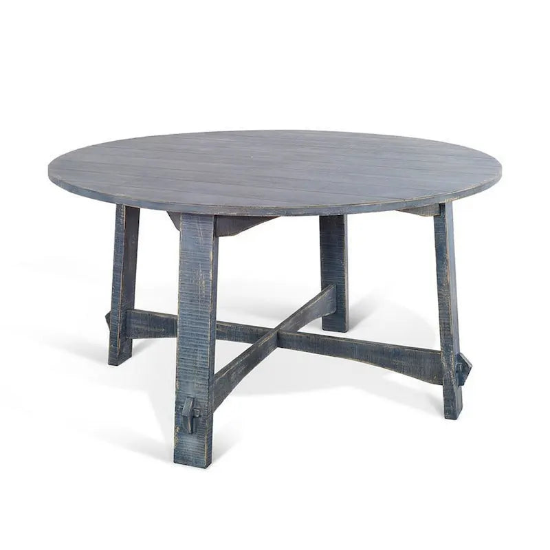 Rena Dining Table, 54 Inch Round Planked Ocean Blue Mahogany Wood