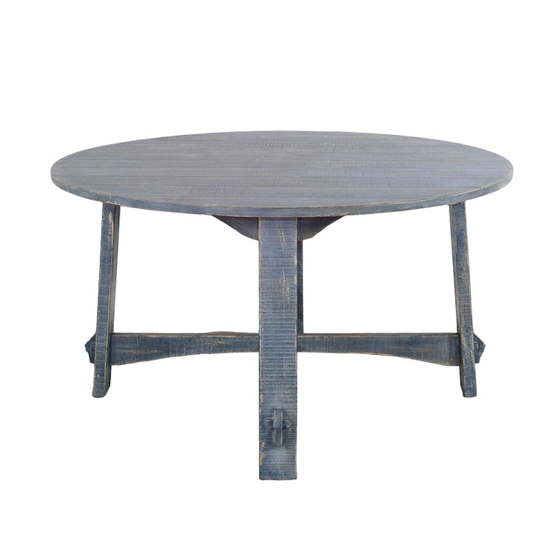 Rena Dining Table, 54 Inch Round Planked Ocean Blue Mahogany Wood