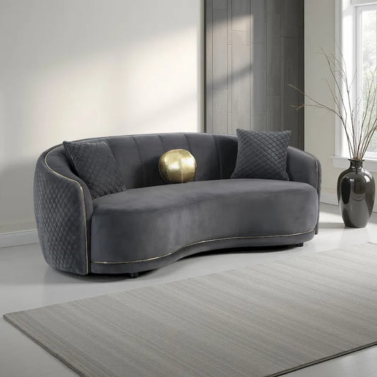 Buo Curved Sofa, 92 Inch, Dark Gray Polyester, Gold Trim, 3 Pillows