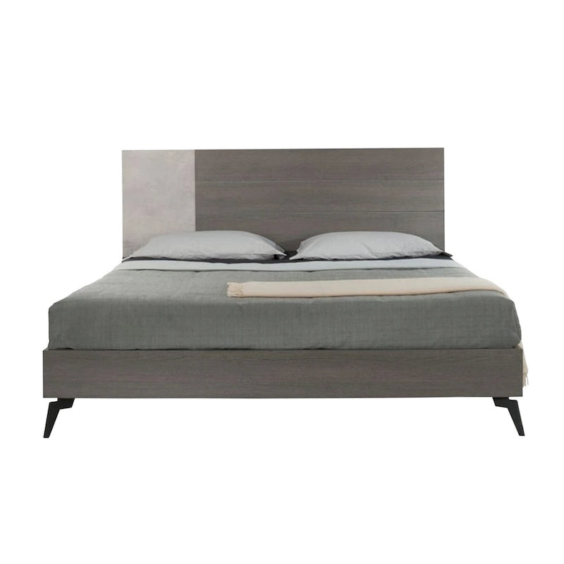 Leen King Size Platform Bed, Black Metal Legs, Gray Panel Headboard