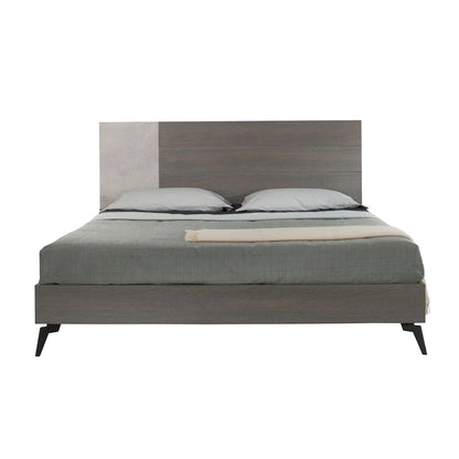 Leen King Size Platform Bed, Black Metal Legs, Gray Panel Headboard