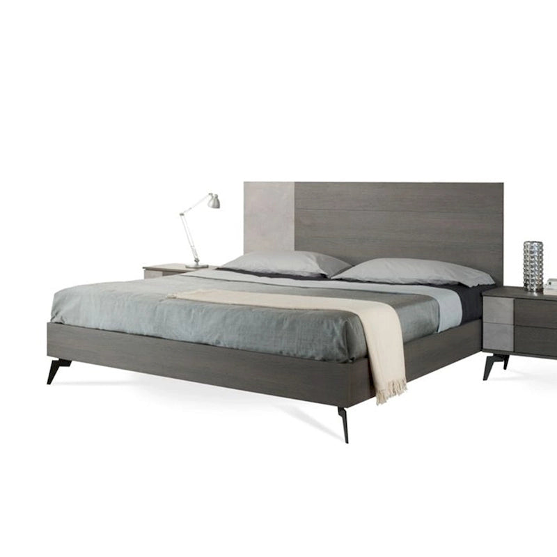 Leen King Size Platform Bed, Black Metal Legs, Gray Panel Headboard