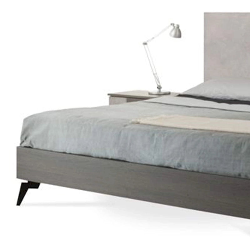 Leen King Size Platform Bed, Black Metal Legs, Gray Panel Headboard