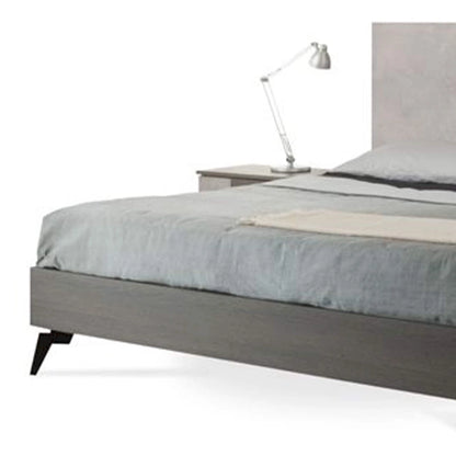 Leen King Size Platform Bed, Black Metal Legs, Gray Panel Headboard