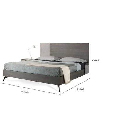 Leen King Size Platform Bed, Black Metal Legs, Gray Panel Headboard