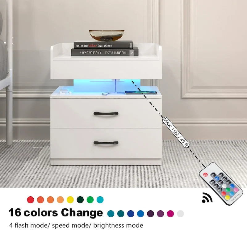 Smart Nightstand with Adjustable LED Light StripStorage Cabinet with 2 Drawers,Sofa Side Table, Coffee Table