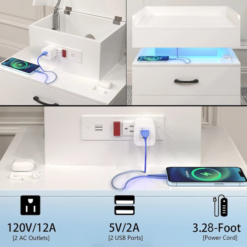 Smart Nightstand with Adjustable LED Light StripStorage Cabinet with 2 Drawers,Sofa Side Table, Coffee Table