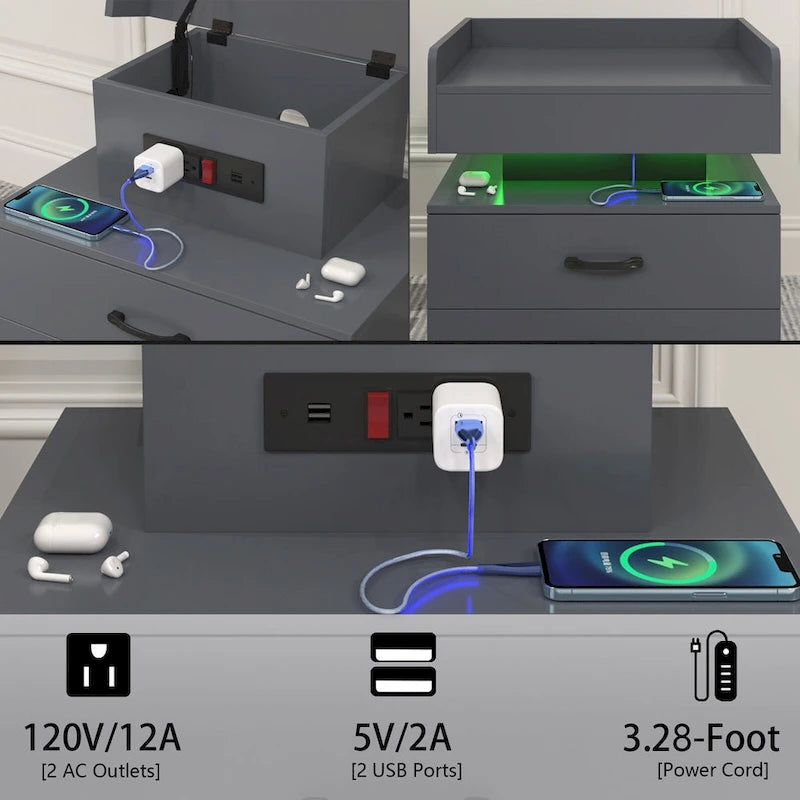 Smart Nightstand with Adjustable LED Light StripStorage Cabinet with 2 Drawers,Sofa Side Table, Coffee Table