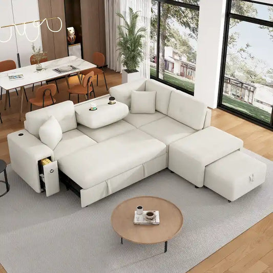 Roomfitters Sectional Sofa L-Shaped Pull-Out Bed with Movable Ottoman, Two USB Ports, and Cup Holders for Living Room