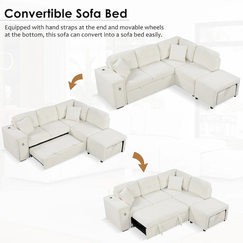 Roomfitters Sectional Sofa L-Shaped Pull-Out Bed with Movable Ottoman, Two USB Ports, and Cup Holders for Living Room