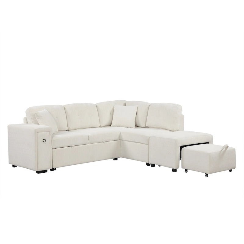 Roomfitters Sectional Sofa L-Shaped Pull-Out Bed with Movable Ottoman, Two USB Ports, and Cup Holders for Living Room