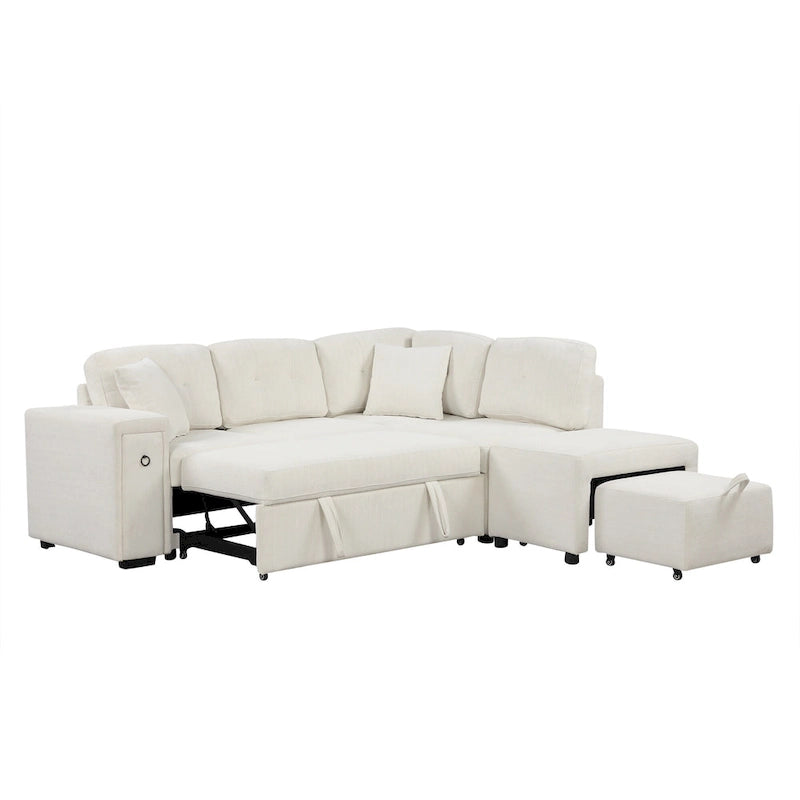 Roomfitters Sectional Sofa L-Shaped Pull-Out Bed with Movable Ottoman, Two USB Ports, and Cup Holders for Living Room