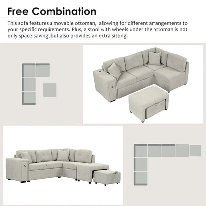 Roomfitters Sectional Sofa L-Shaped Pull-Out Bed with Movable Ottoman, Two USB Ports, and Cup Holders for Living Room