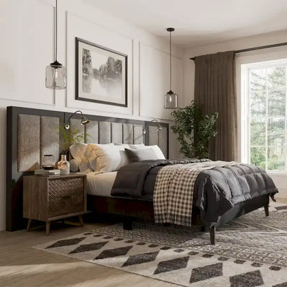 Furniture of America Orelo Modern Dark Brown Extended Wall Panel Bed with Reading Lights