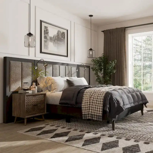 Furniture of America Orelo Modern Dark Brown Extended Wall Panel Bed with Reading Lights