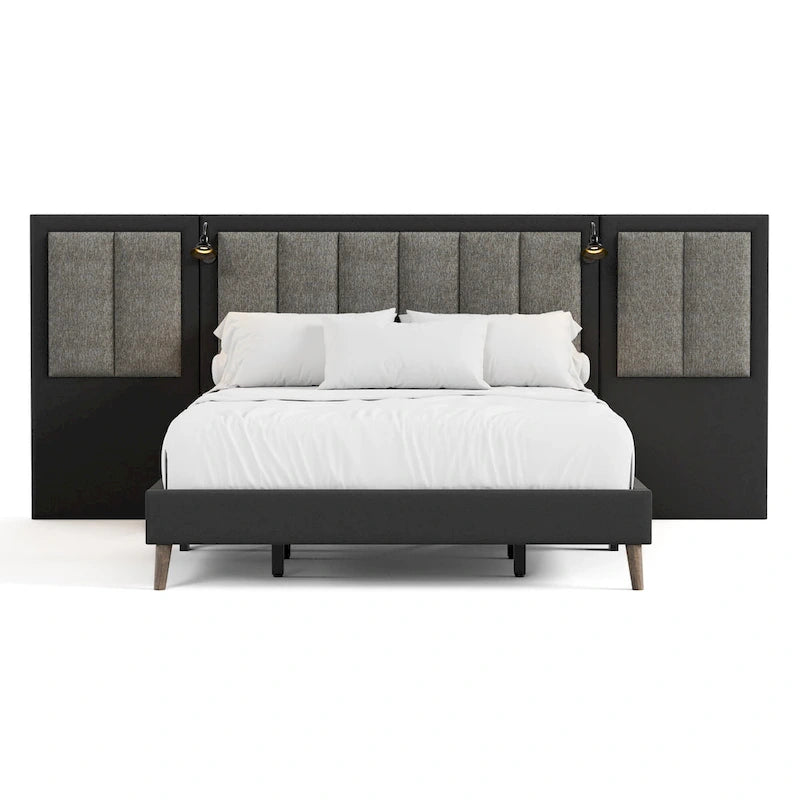 Furniture of America Orelo Modern Dark Brown Extended Wall Panel Bed with Reading Lights