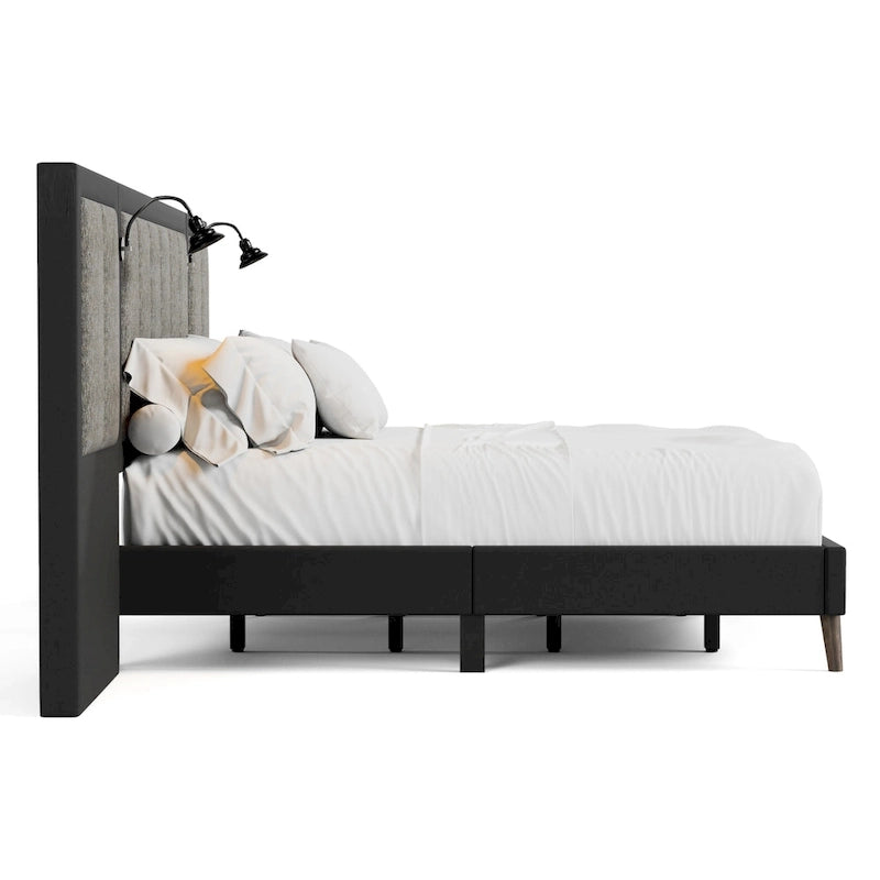 Furniture of America Orelo Modern Dark Brown Extended Wall Panel Bed with Reading Lights