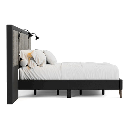 Furniture of America Orelo Modern Dark Brown Extended Wall Panel Bed with Reading Lights