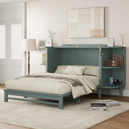 Farmhouse Murphy Bed Foldable Platform Bed Convertible Chest Cube Cabinet Bed with Curved Shelves and Charging Station