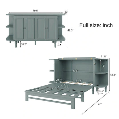 Farmhouse Murphy Bed Foldable Platform Bed Convertible Chest Cube Cabinet Bed with Curved Shelves and Charging Station