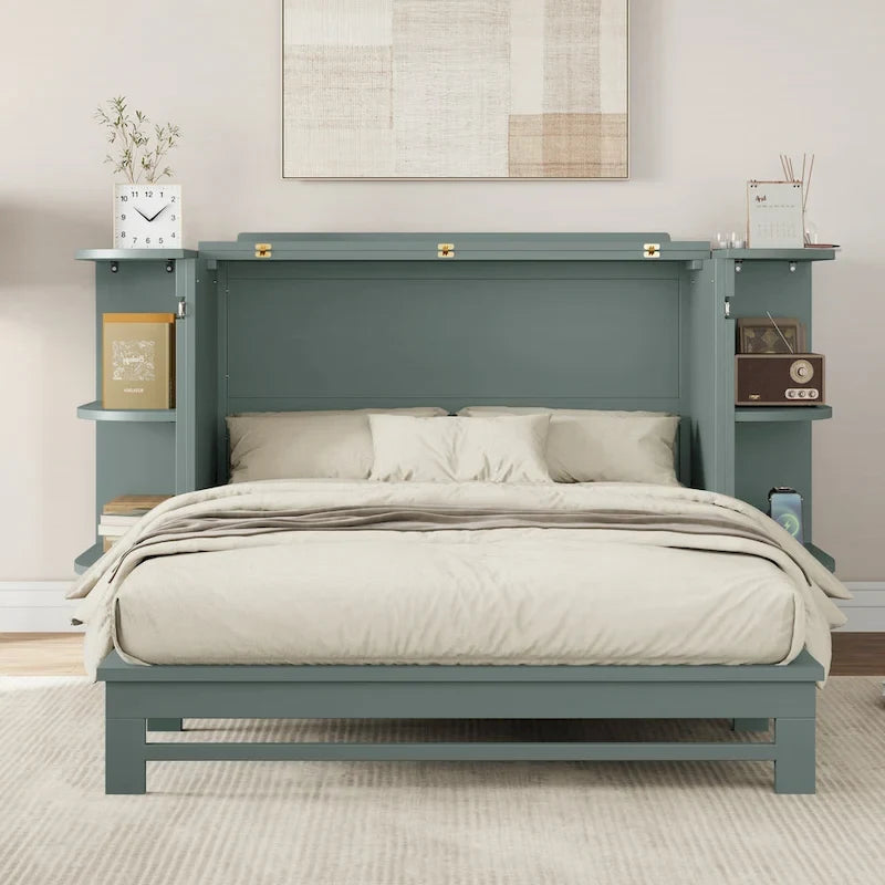 Farmhouse Murphy Bed Foldable Platform Bed Convertible Chest Cube Cabinet Bed with Curved Shelves and Charging Station