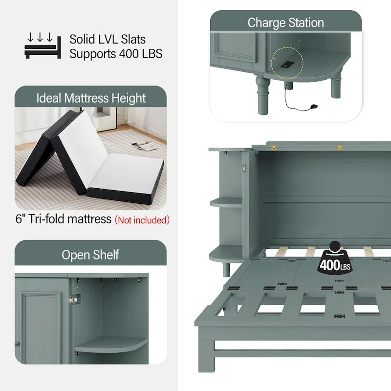 Farmhouse Murphy Bed Foldable Platform Bed Convertible Chest Cube Cabinet Bed with Curved Shelves and Charging Station