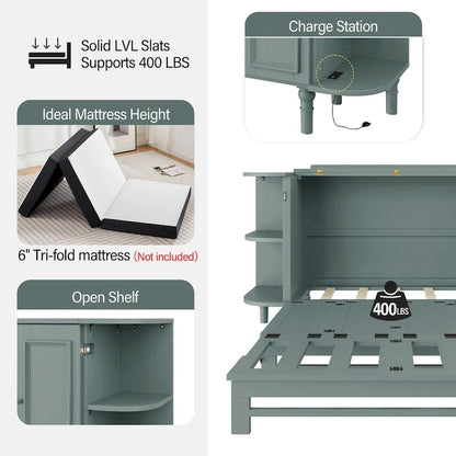 Farmhouse Murphy Bed Foldable Platform Bed Convertible Chest Cube Cabinet Bed with Curved Shelves and Charging Station