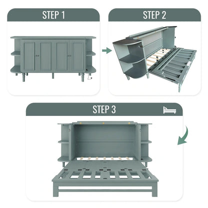 Farmhouse Murphy Bed Foldable Platform Bed Convertible Chest Cube Cabinet Bed with Curved Shelves and Charging Station